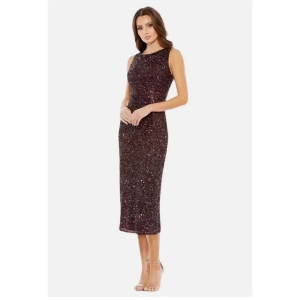 Mac Duggal NWT size 6 sequined/ beaded MIDI SHEATH DRESS style 5526 mahogany